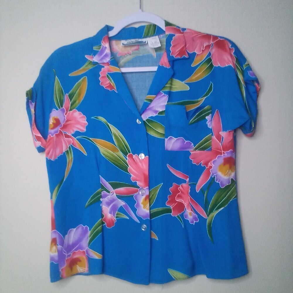 Pennys Hawaii Shirt Women S Vintage Button Short Sleeve Tropical Pocket Colorful